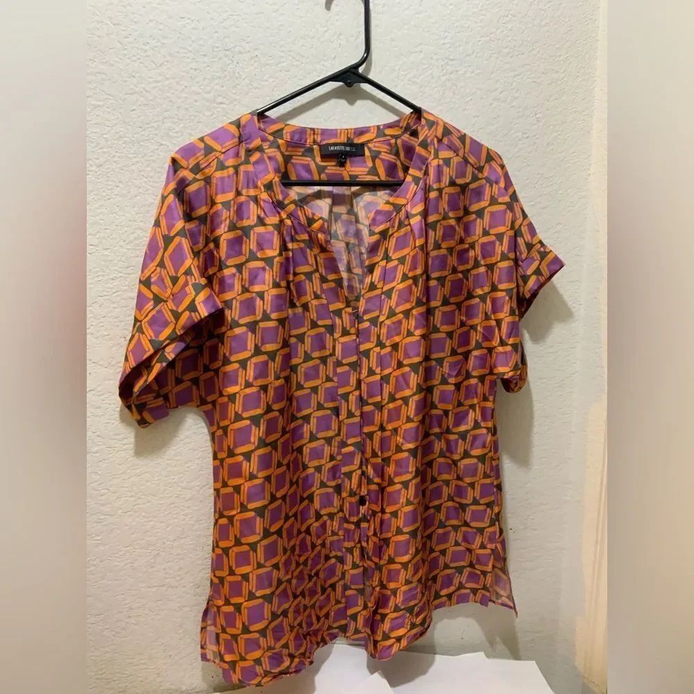 Lafayette 148 NY Size 8 Silk Retro Style Orange Purple Cap Sleeve Button Blouse